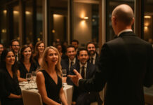 Mentalista in smoking intrattiene il pubblico durante un meeting aziendale elegante, tra sorrisi e stupore.
