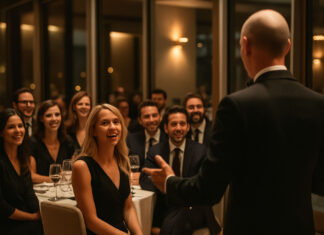 Mentalista in smoking intrattiene il pubblico durante un meeting aziendale elegante, tra sorrisi e stupore.