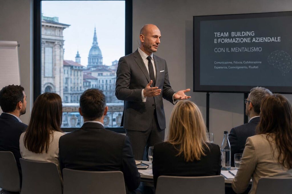 Alessio Rastrelli durante una sessione di team building e formazione aziendale con manager italiani in aula a Torino.